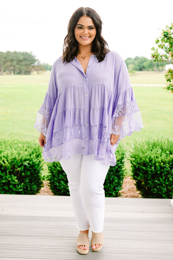 Plus Size purple button-down blouse with flowy lace-trimmed sleeves and a tiered hem.