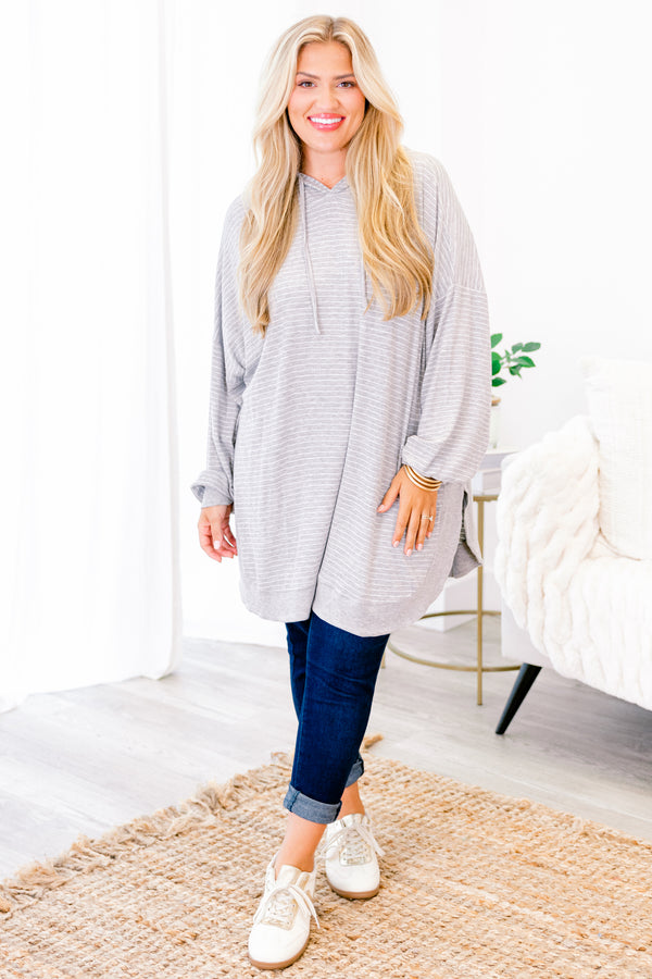 Chic Soul plus size clothing, gray and white striped oversized hoodie