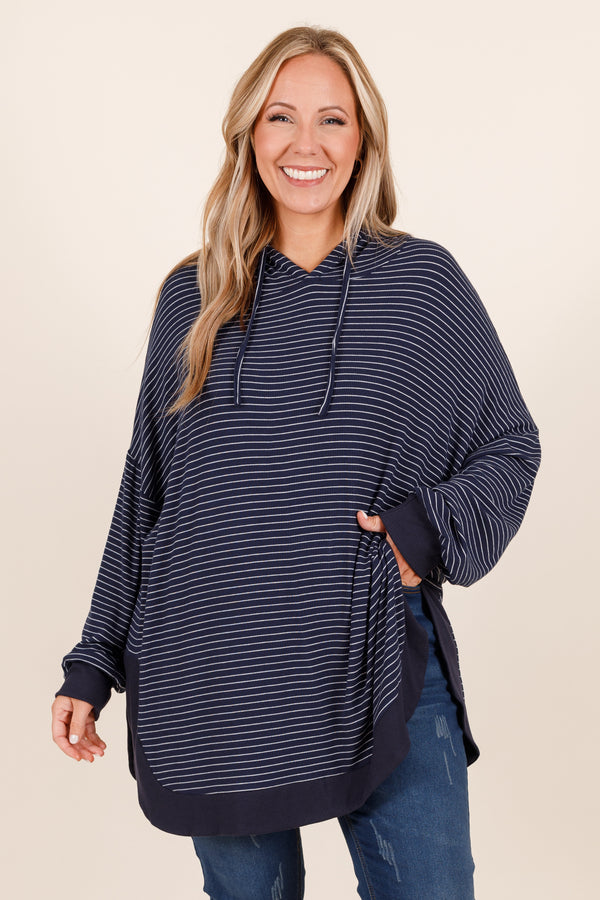 Chic Soul plus size clothing, navy and white striped oversized hoodie