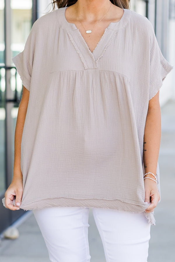 Chic Soul plus size clothing, ash mocha short sleeve linen top with cuff sleeves and v neckline