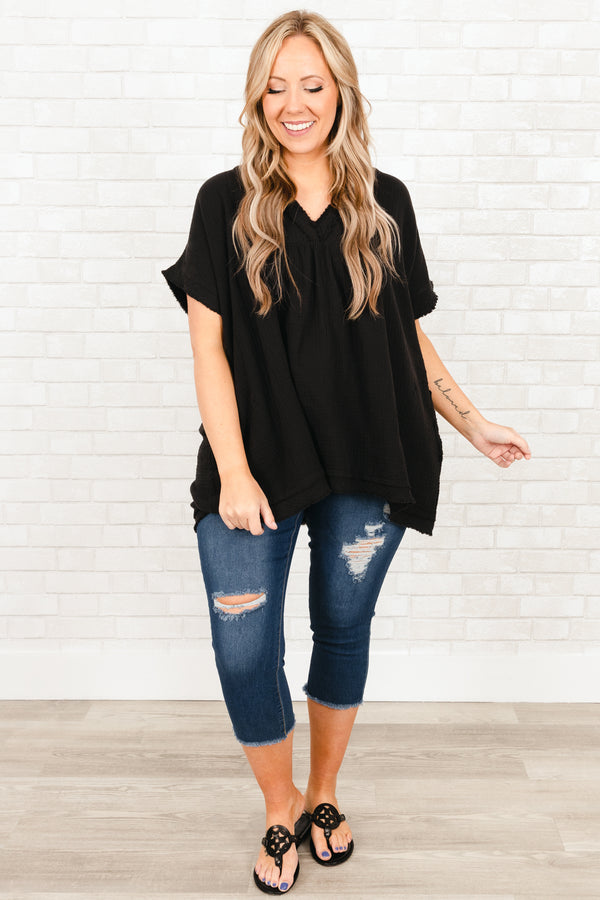 Chic Soul plus size clothing black flowy textured top with smocked detailing on sleeves