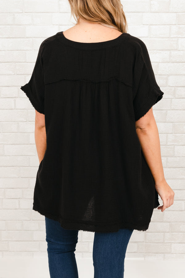 Chic Soul plus size clothing black flowy textured top with smocked detailing on sleeves