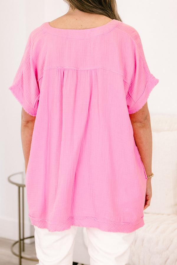 Chic Soul plus size clothing, candy pink short sleeve top with v neckline with short sleeves with pockets and raw hem detail along sleeves and bottom