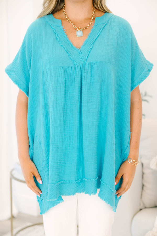 Chic Soul plus size clothing, short sleeve dusty teal gauze top with v neckline and raw cut on sleeves and bottom with light distressing