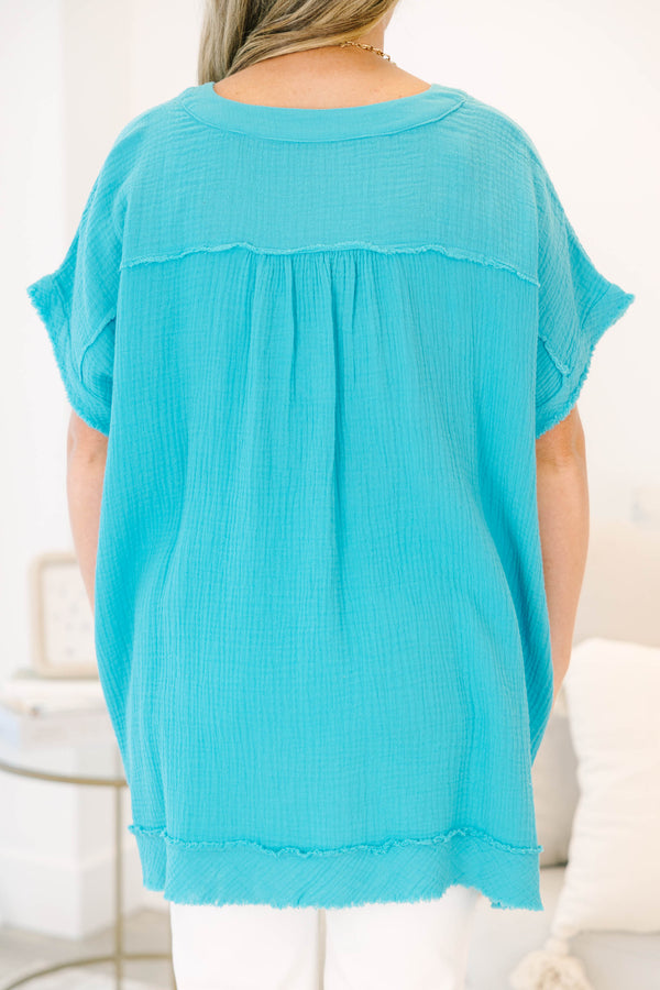 Chic Soul plus size clothing, short sleeve dusty teal gauze top with v neckline and raw cut on sleeves and bottom with light distressing