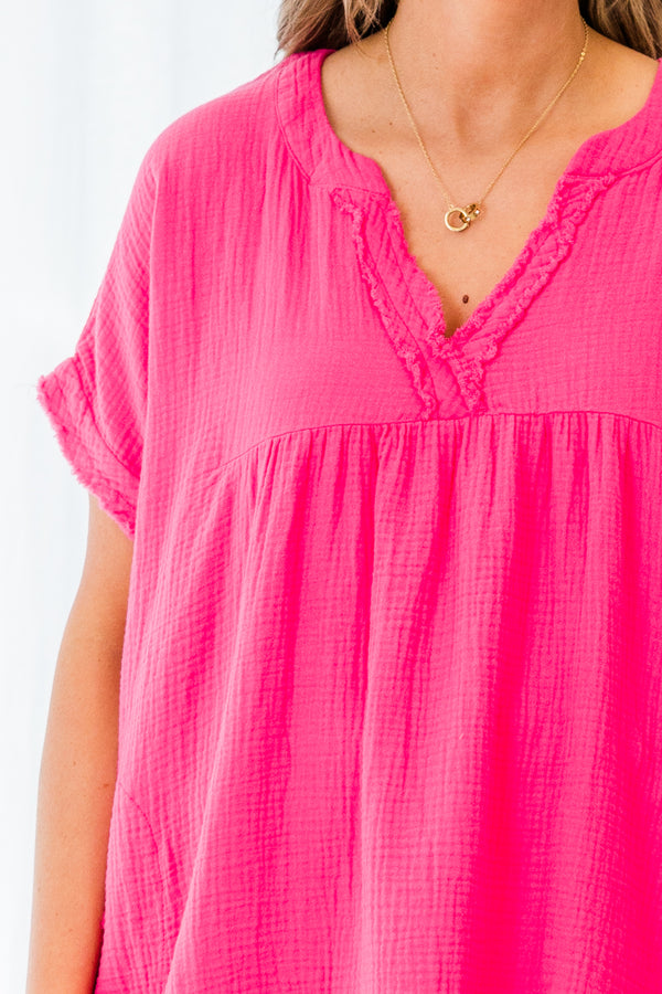 Chic Soul plus size clothing, short sleeve hot pink top with v neckline and pocket detail with cuff sleeves