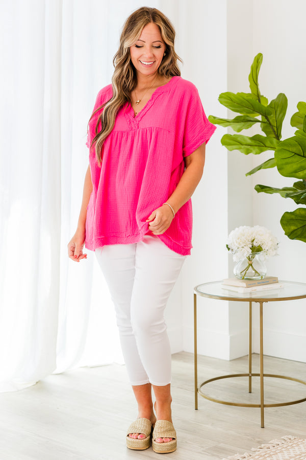 Chic Soul plus size clothing, short sleeve hot pink top with v neckline and pocket detail with cuff sleeves