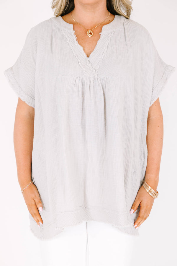 Chic Soul plus size clothing, short-sleeve distressed light cement grey top with v-neckline 