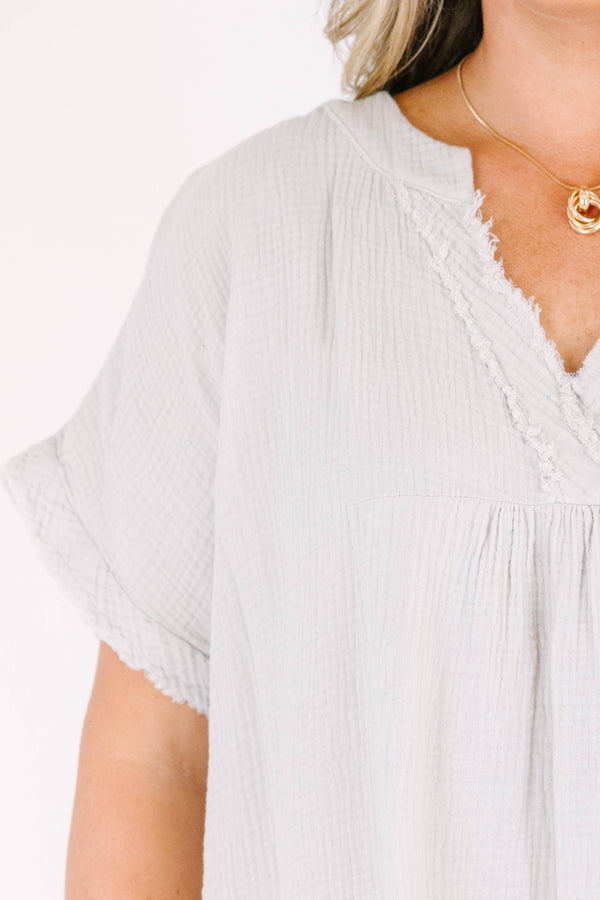 Chic Soul plus size clothing, short-sleeve distressed light cement grey top with v-neckline 