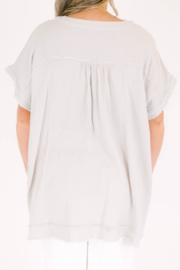 Chic Soul plus size clothing, short-sleeve distressed light cement grey top with v-neckline 