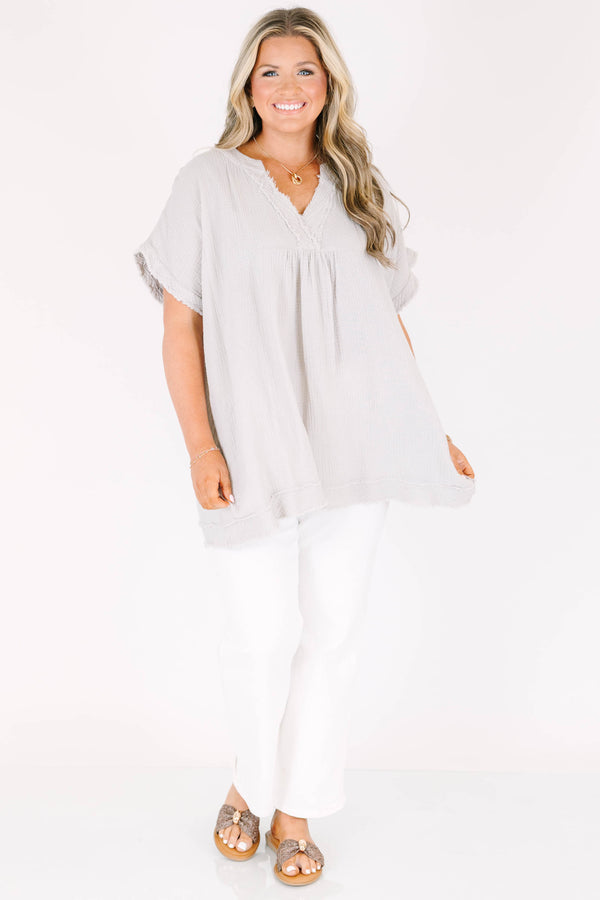 Chic Soul plus size clothing, short-sleeve distressed light cement grey top with v-neckline 