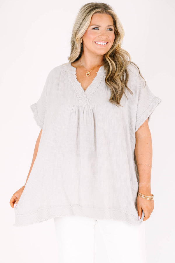 Chic Soul plus size clothing, short-sleeve distressed light cement grey top with v-neckline 