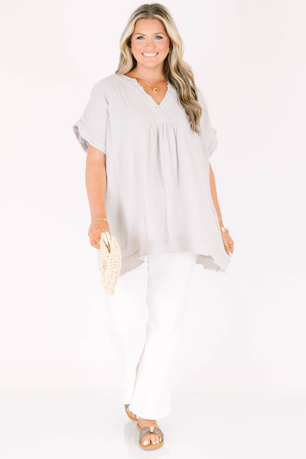 Chic Soul plus size clothing, short-sleeve distressed light cement grey top with v-neckline 