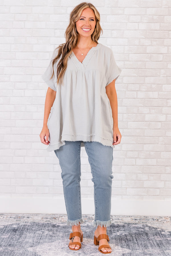 Chic Soul plus size clothing, short-sleeve distressed light cement grey top with v-neckline 