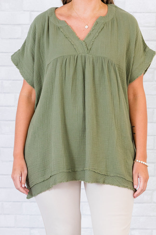 Chic Soul plus size clothing, short-sleeve distressed light olive green top with v-neckline and distressed stitching 
