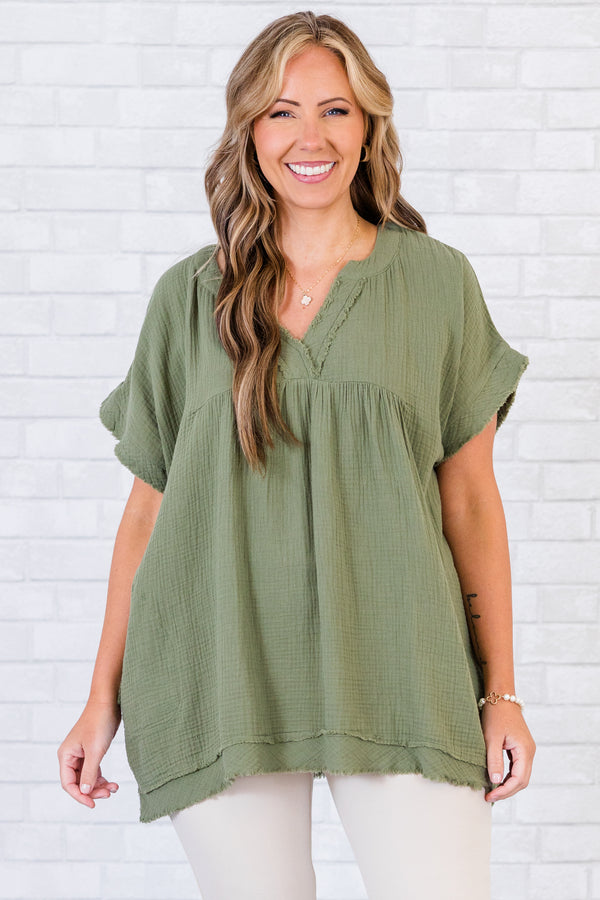 Chic Soul plus size clothing, short-sleeve distressed light olive green top with v-neckline and distressed stitching 