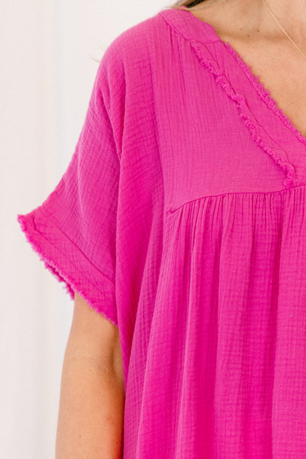 Chic Soul plus size clothing, neon hot pink short sleeve top with v neckline and distressed raw hem along bottom and sleeves