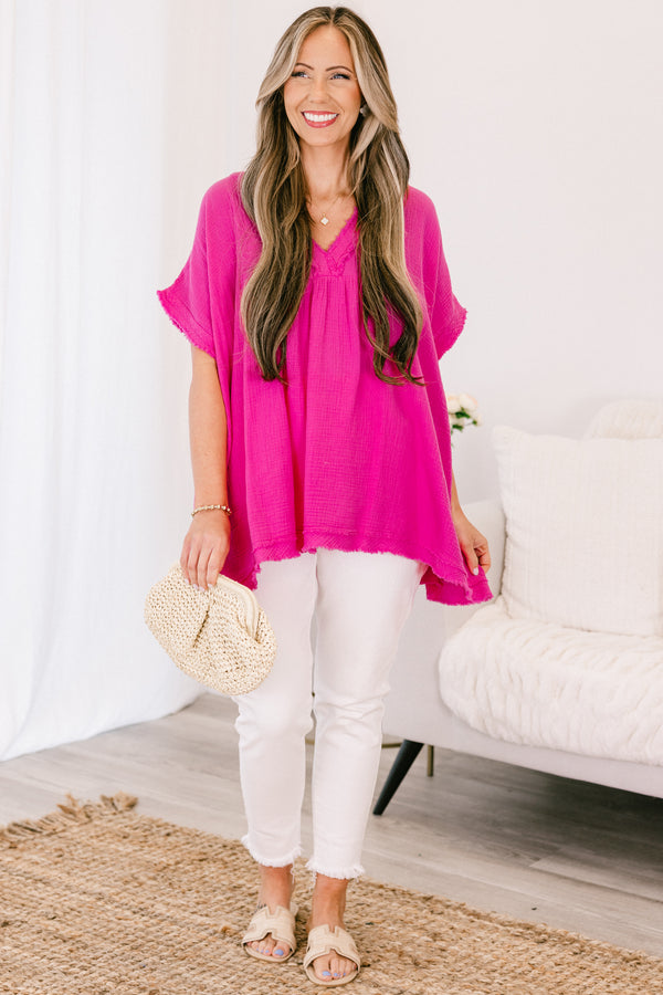 Chic Soul plus size clothing, neon hot pink short sleeve top with v neckline and distressed raw hem along bottom and sleeves