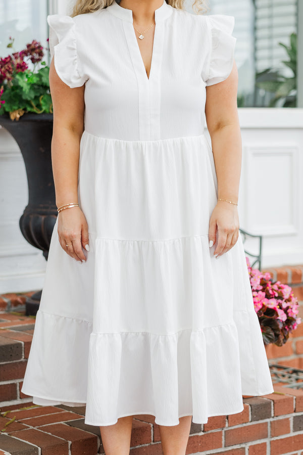 Chic Soul plus size clothing, white ruffled midi dress with ruffled short sleeves and high-neckline with a deep v-neckline
