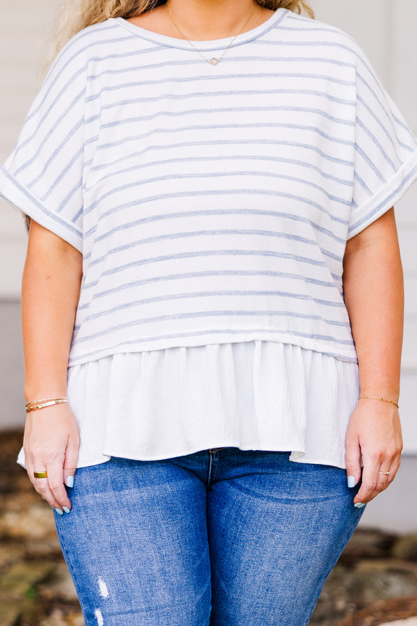 Chic Soul plus size clothing, cuffed short sleeve white top with blue striped pattern and white ruffled bottom 