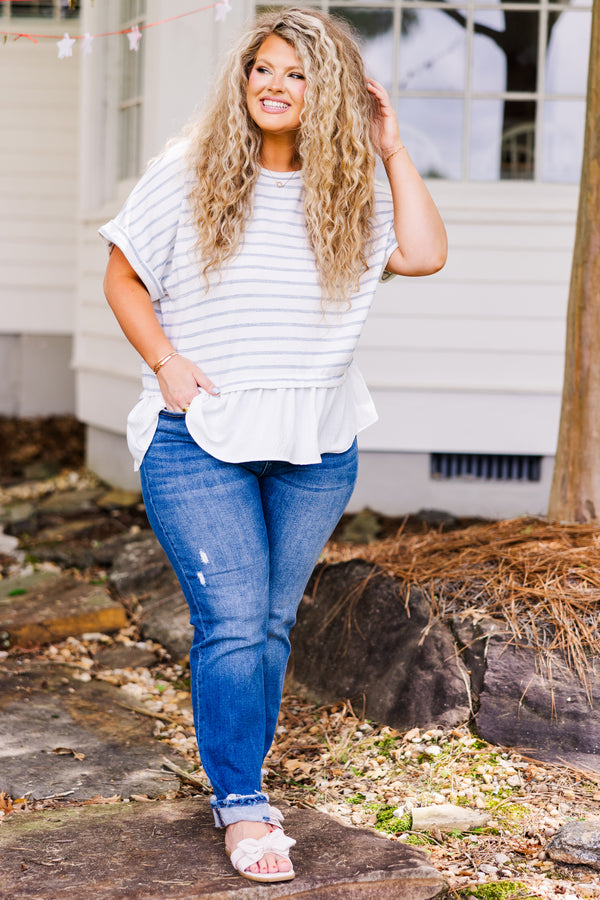 Chic Soul plus size clothing, cuffed short sleeve white top with blue striped pattern and white ruffled bottom 