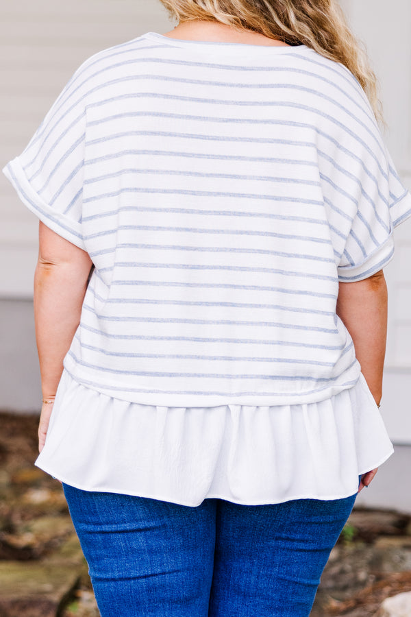 Chic Soul plus size clothing, cuffed short sleeve white top with blue striped pattern and white ruffled bottom 