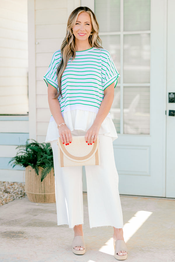 Chic Soul Plus size clothing, white short sleeve top with green stripes and a white silk ruffle detail at the end of the top 