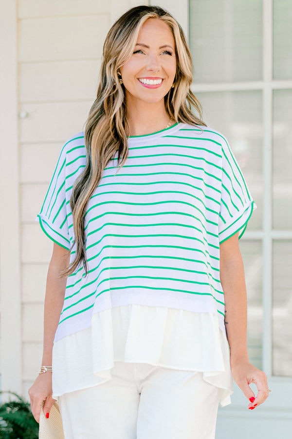 Chic Soul Plus size clothing, white short sleeve top with green stripes and a white silk ruffle detail at the end of the top 