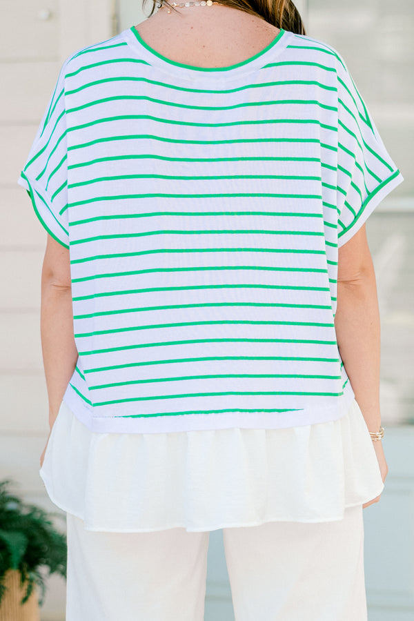 Chic Soul Plus size clothing, white short sleeve top with green stripes and a white silk ruffle detail at the end of the top 