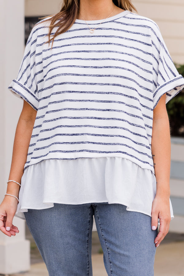 Chic Soul plus size clothing, short sleeve navy and white striped baby doll top with solid off white ruffled detail on bottom 