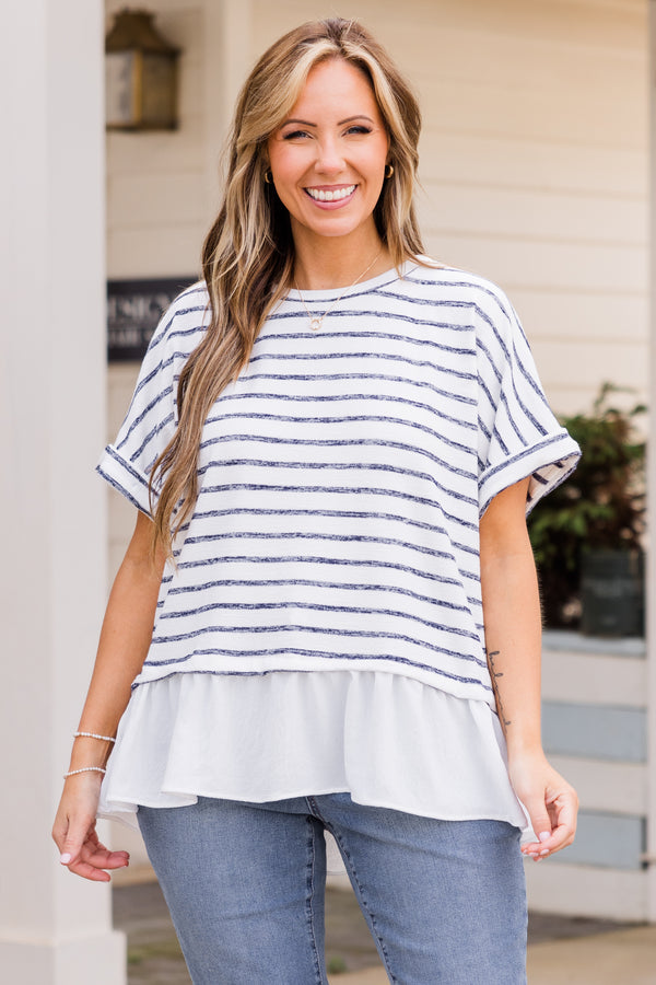 Chic Soul plus size clothing, short sleeve navy and white striped baby doll top with solid off white ruffled detail on bottom 