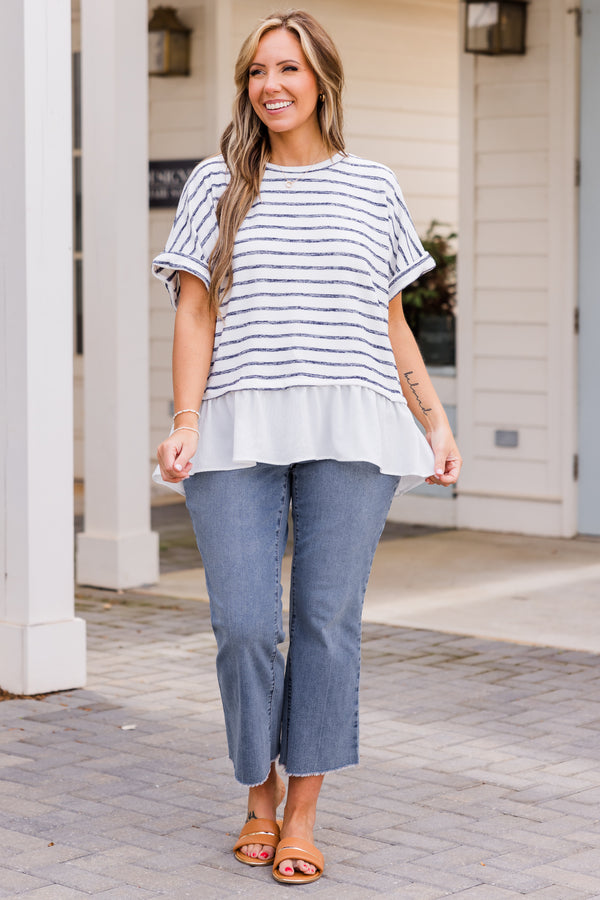 Chic Soul plus size clothing, short sleeve navy and white striped baby doll top with solid off white ruffled detail on bottom 