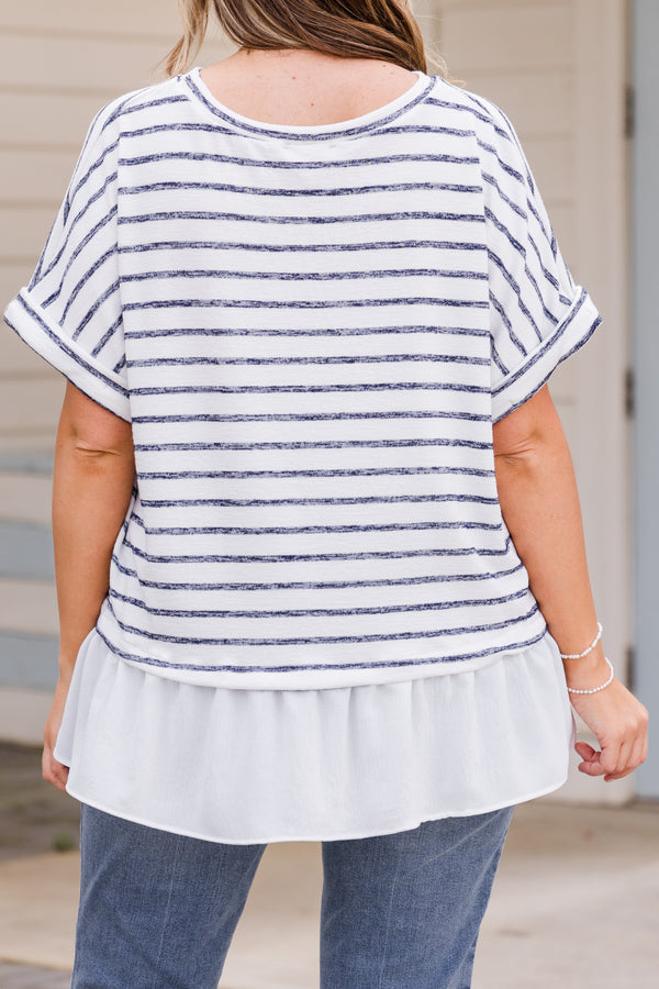 Chic Soul plus size clothing, short sleeve navy and white striped baby doll top with solid off white ruffled detail on bottom 