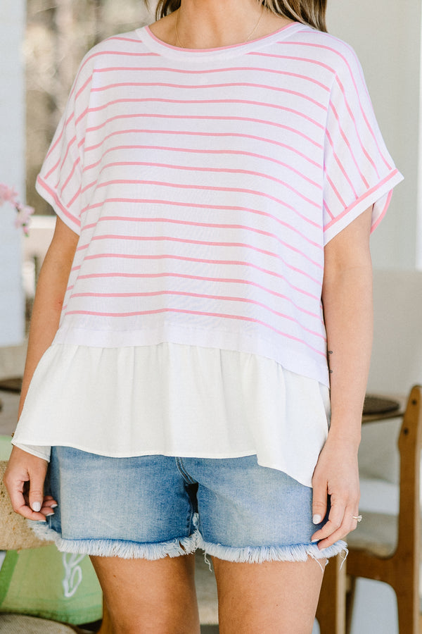 Chic Soul plus size clothing, white short sleeve babydoll top with small pink stripes