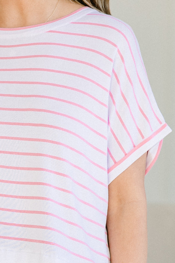 Chic Soul plus size clothing, white short sleeve babydoll top with small pink stripes