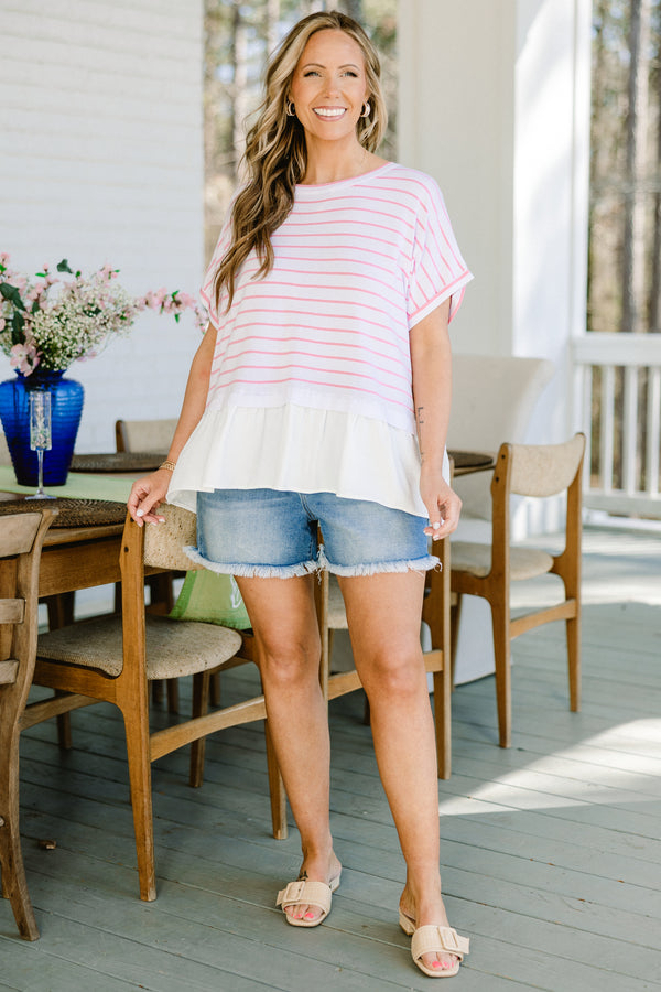Chic Soul plus size clothing, white short sleeve babydoll top with small pink stripes