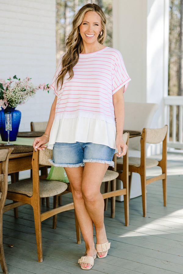 Chic Soul plus size clothing, white short sleeve babydoll top with small pink stripes