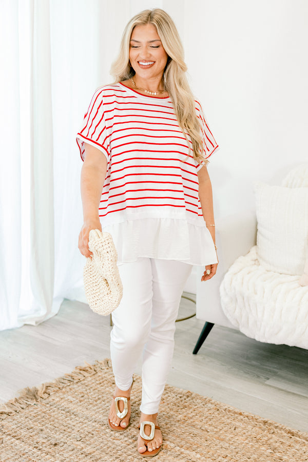 Chic Soul Plus size clothing, Red short sleeve babydoll top with white stripes and a white silk flowy ruffle at the bottom of the shirt 
