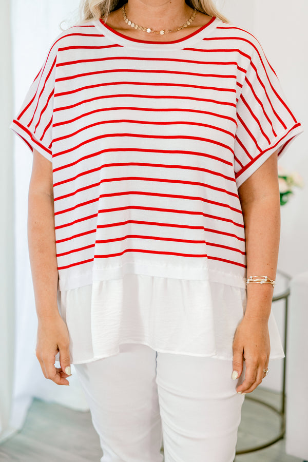 Chic Soul Plus size clothing, Red short sleeve babydoll top with white stripes and a white silk flowy ruffle at the bottom of the shirt 
