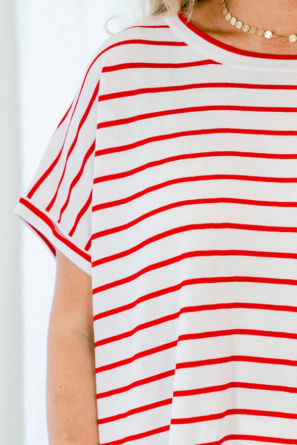 Chic Soul Plus size clothing, Red short sleeve babydoll top with white stripes and a white silk flowy ruffle at the bottom of the shirt 
