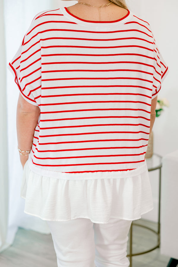 Chic Soul Plus size clothing, Red short sleeve babydoll top with white stripes and a white silk flowy ruffle at the bottom of the shirt 
