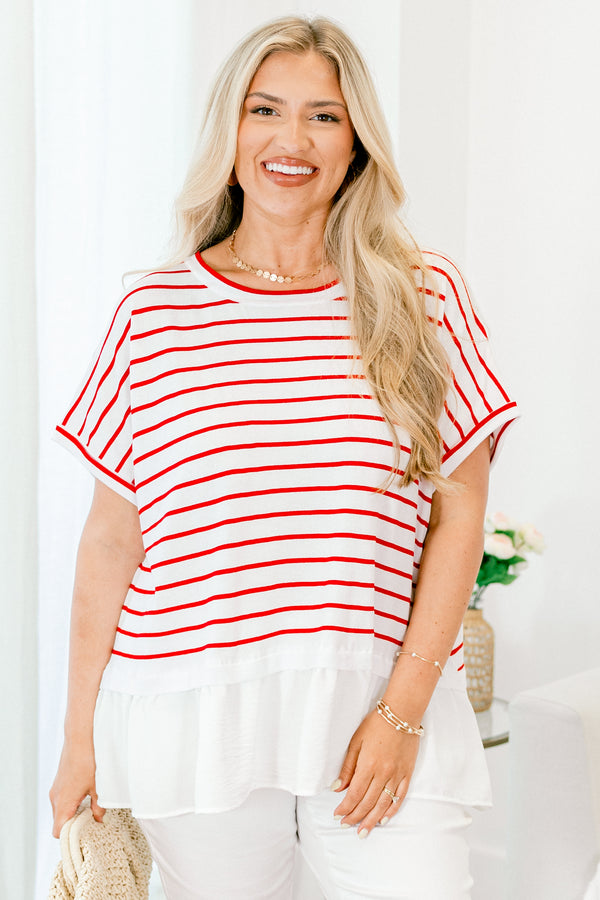 Chic Soul Plus size clothing, Red short sleeve babydoll top with white stripes and a white silk flowy ruffle at the bottom of the shirt 
