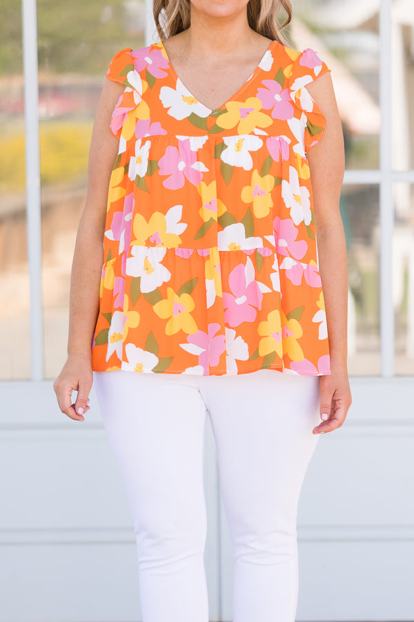 Chic Soul plus size clothing, orange floral pattern top with flutter sleeves