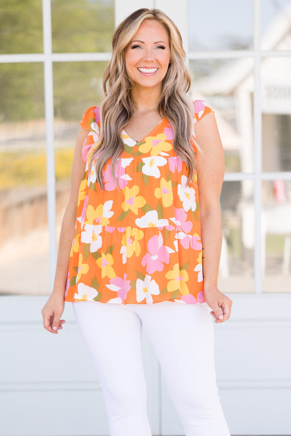 Chic Soul plus size clothing, orange floral pattern top with flutter sleeves