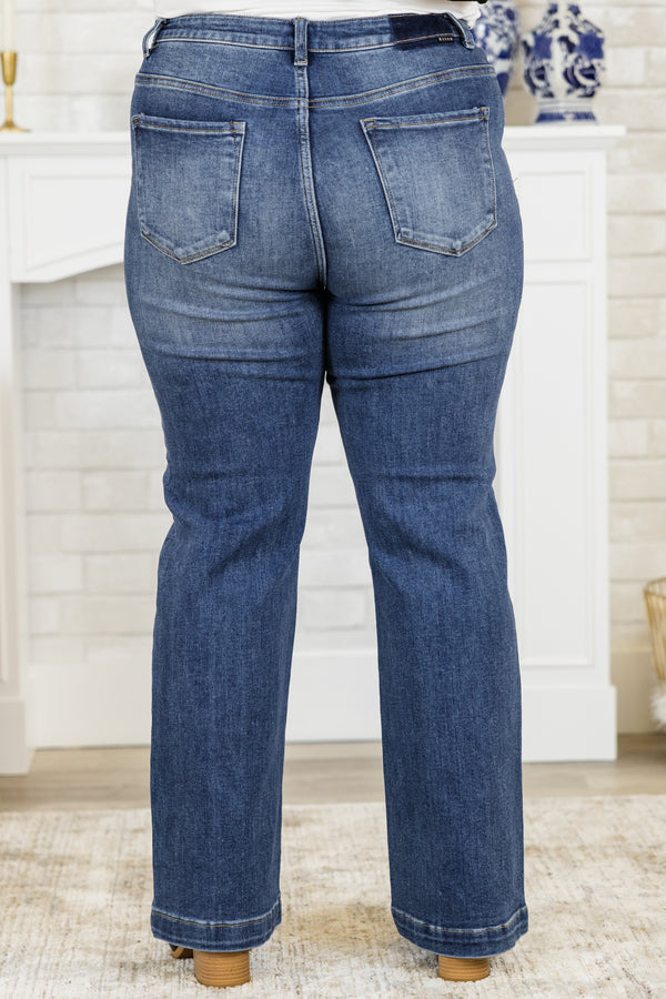 Chic Soul plus size clothing, high-waisted dark wash denim straight-leg jeans with silver-button-detailing 