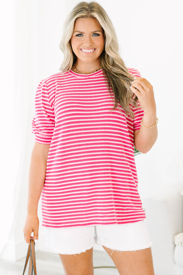 Chic Soul plus size clothing, short-sleeve pink top with a high-scoop-neckline and white stitched stripe detailing 