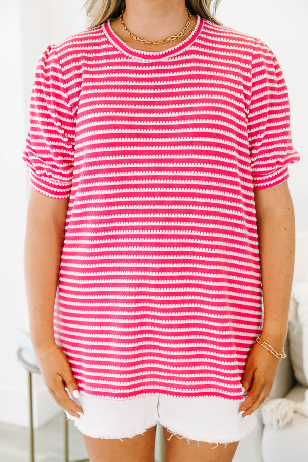 Chic Soul plus size clothing, short-sleeve pink top with a high-scoop-neckline and white stitched stripe detailing 