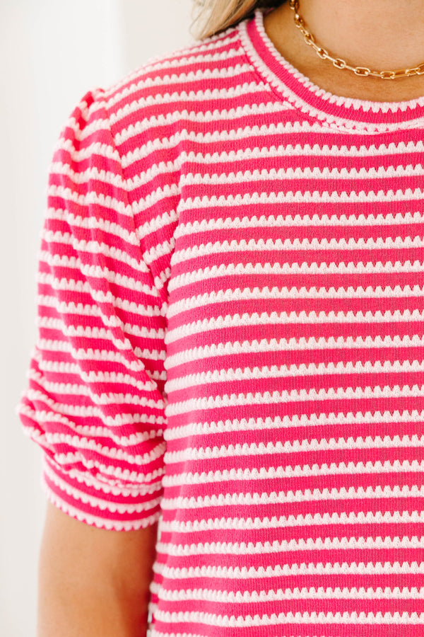 Chic Soul plus size clothing, short-sleeve pink top with a high-scoop-neckline and white stitched stripe detailing 