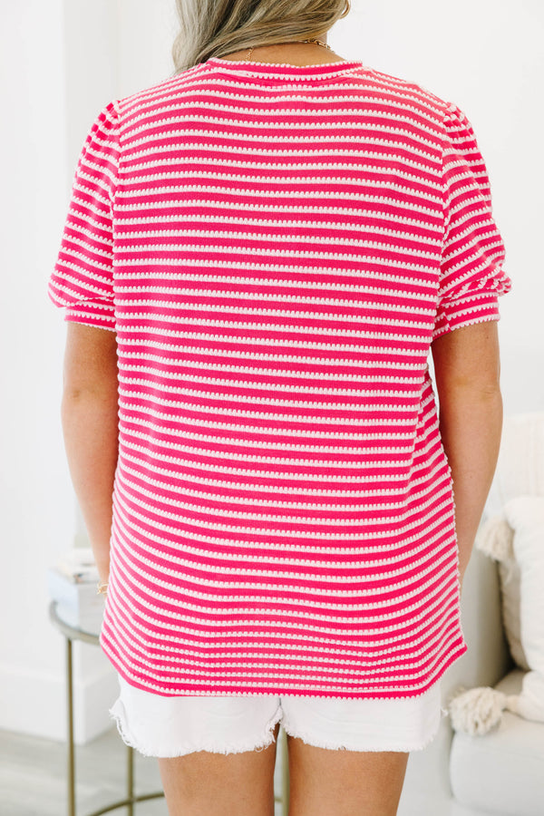 Chic Soul plus size clothing, short-sleeve pink top with a high-scoop-neckline and white stitched stripe detailing 