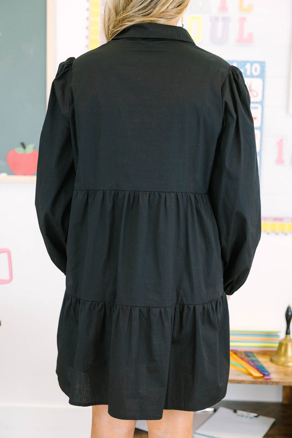 Chic Soul plus size clothing, long-sleeve black ruffled collared button-down baby-doll dress with sequined pencil patches scattered across dress